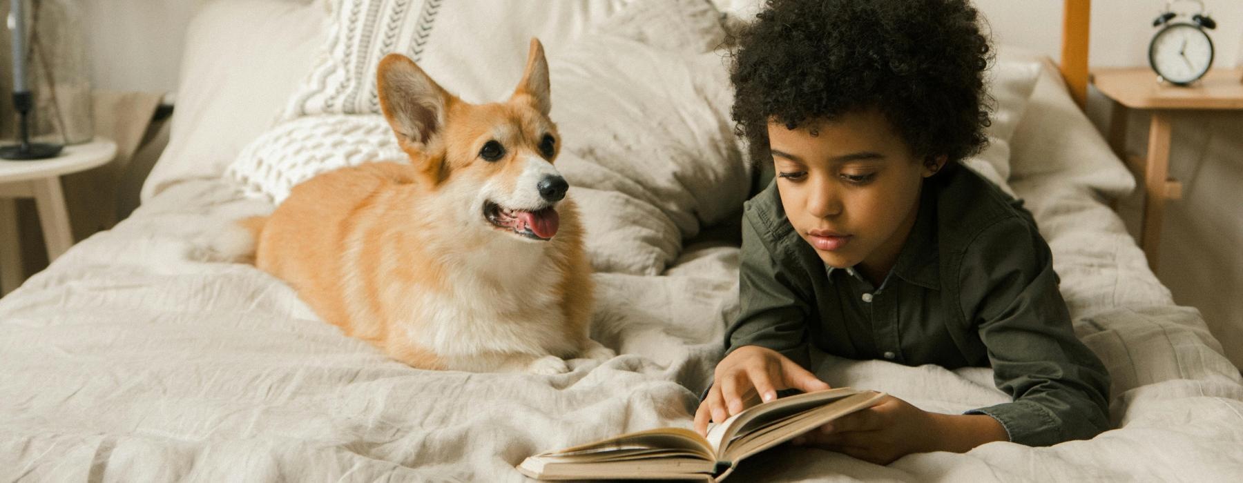 a boy reading a book to a dog
