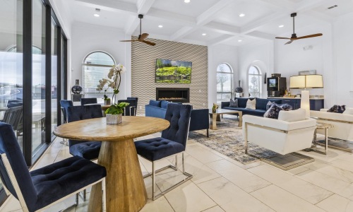 a living room with a large glass door